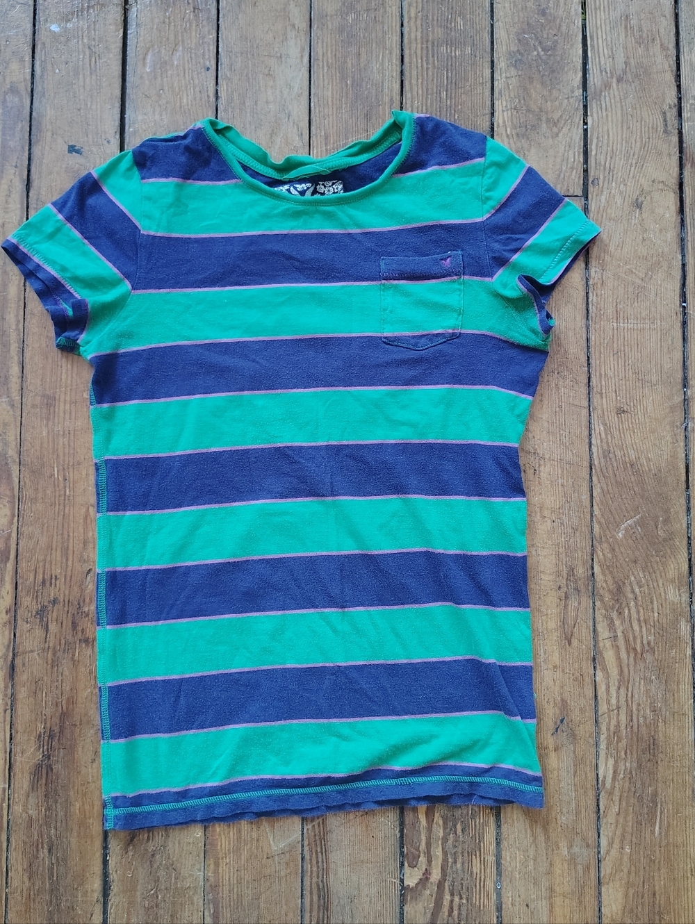 Y2k American Eagle Baby Tee Top Juniors Small Medium Blue Green Striped Stretch
